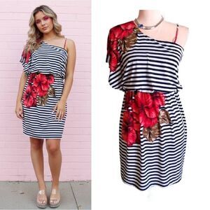 Y2K Red Hibiscus Nautical Striped Printed One Shoulder Mini Dress Large